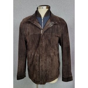 Zegna Sport Mens XL Brown Suede Leather Jacket Navy Quilted Vest Lining Italy